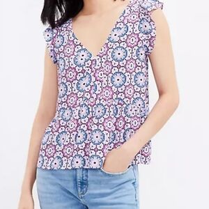 LOFT NWT Pink & Blue Floral/Geometric Pattern Flutter-sleeve & Peplum Top XXS